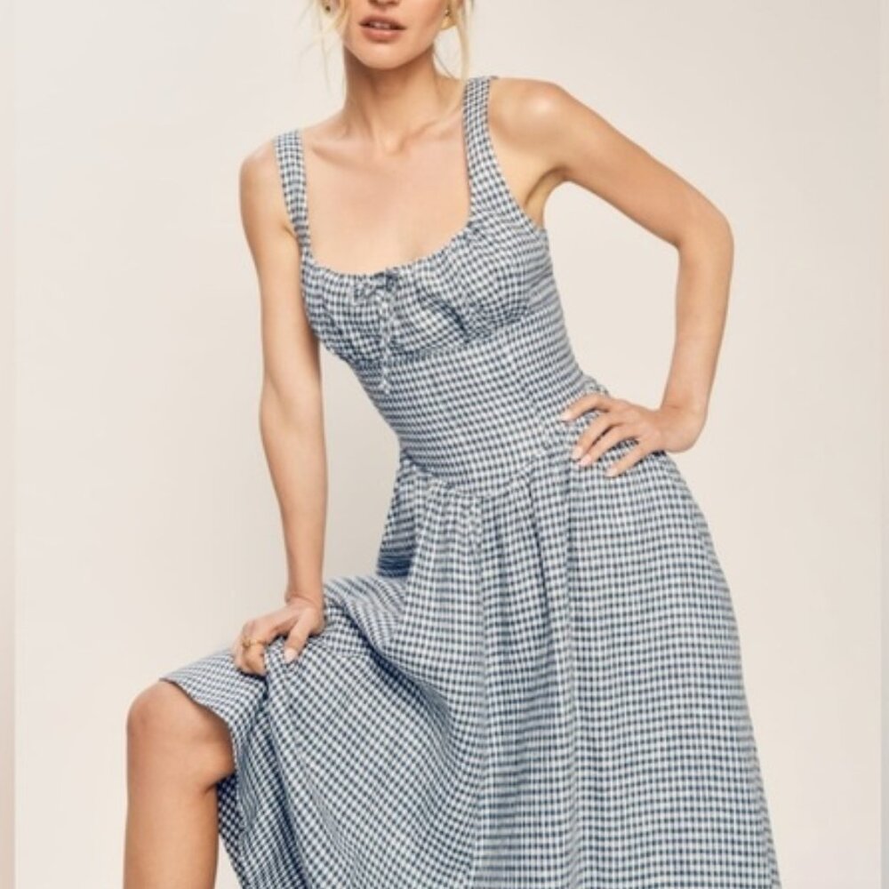 NEW Reformation Balia Midi Linen Dress in  Slate Check Plaid Navy White | size 4 - Picture 6 of 16